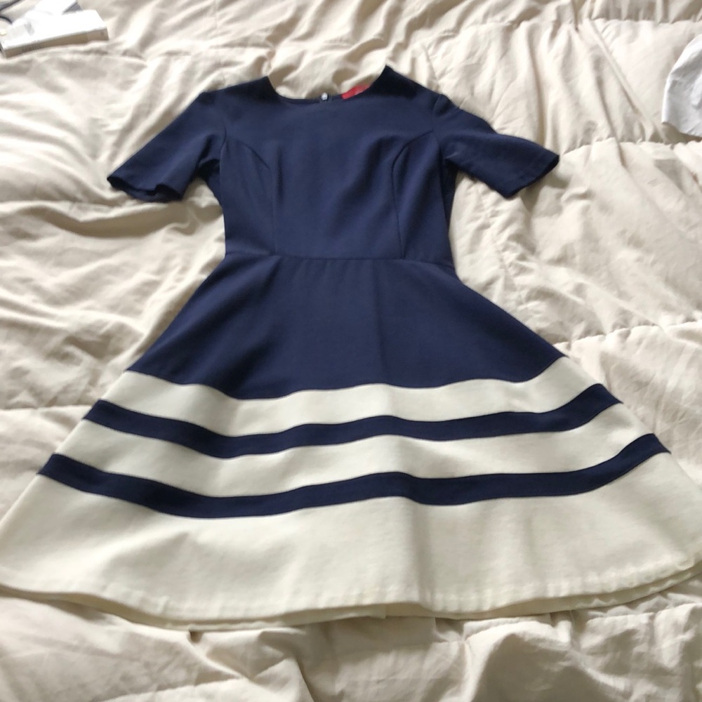 Navy blue and cream business dress